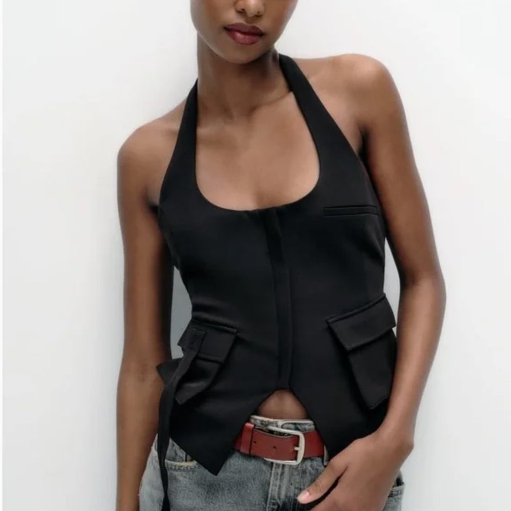 Zara Pocket Halter Top Vest In Black